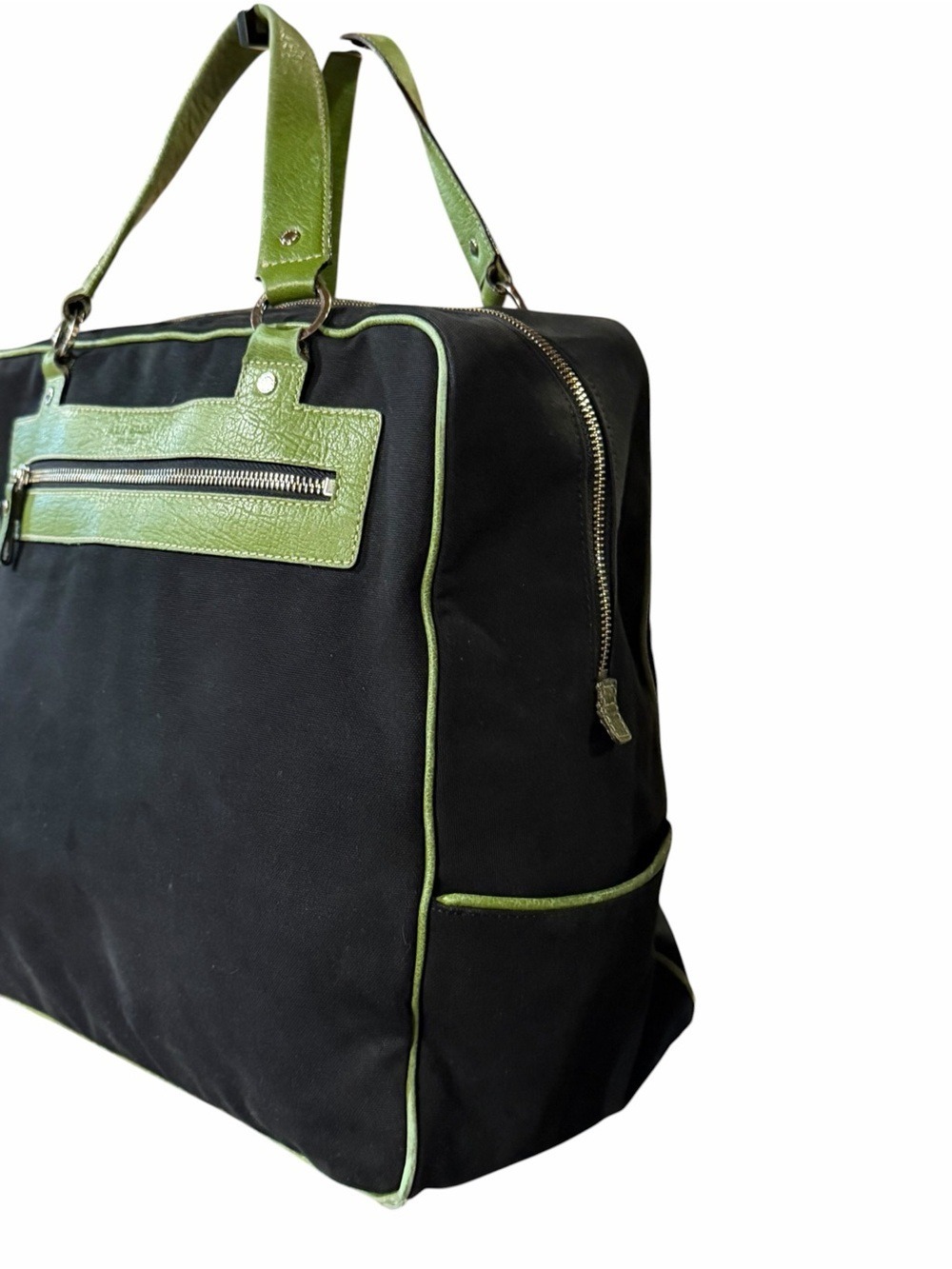 Kate Spade New York Canvas Tote Bag Navy Green Leather Trim - Picture 3 of 15